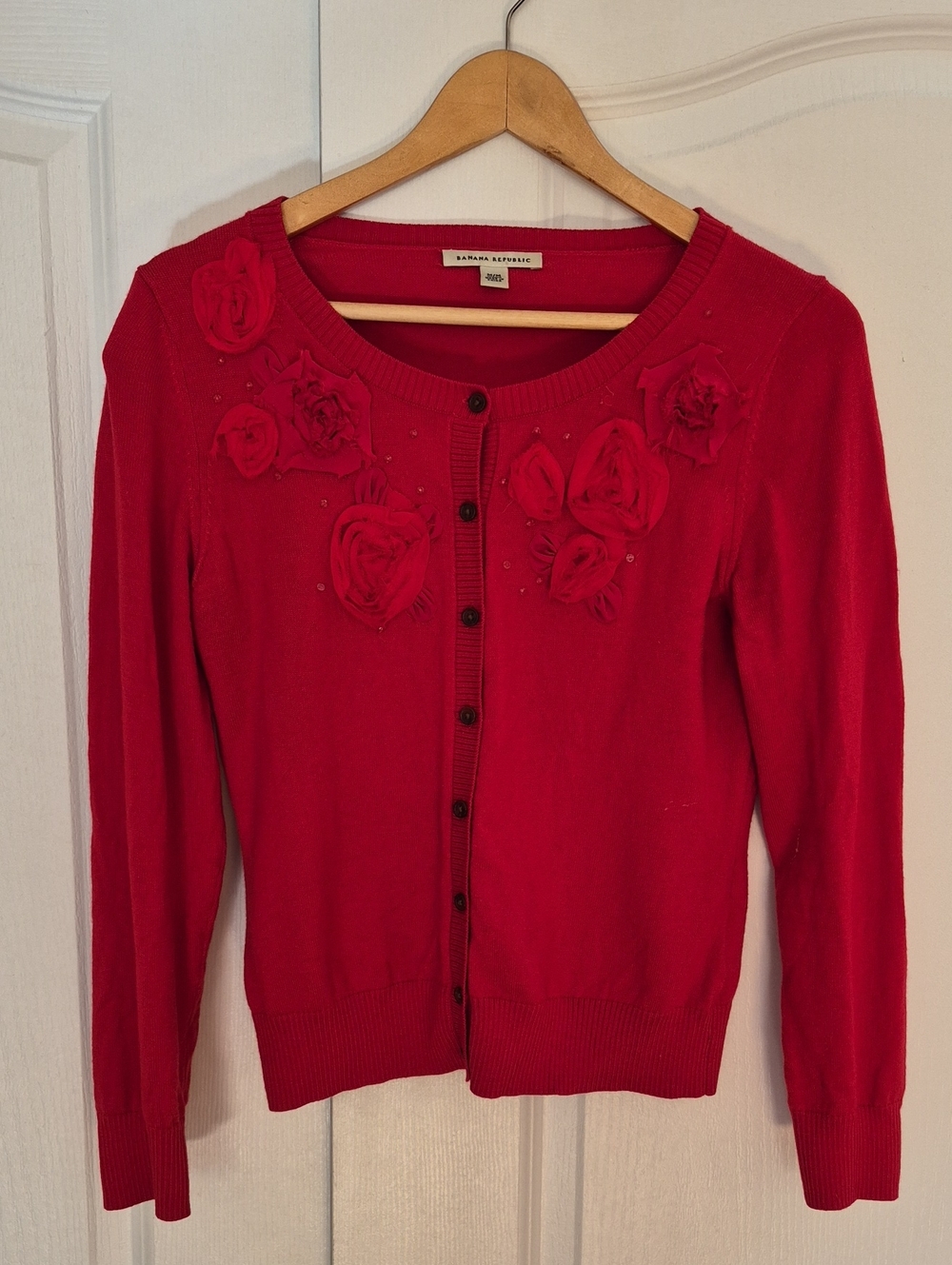 Banana Republic Red Floral Appliqué Button-Front Cardigan